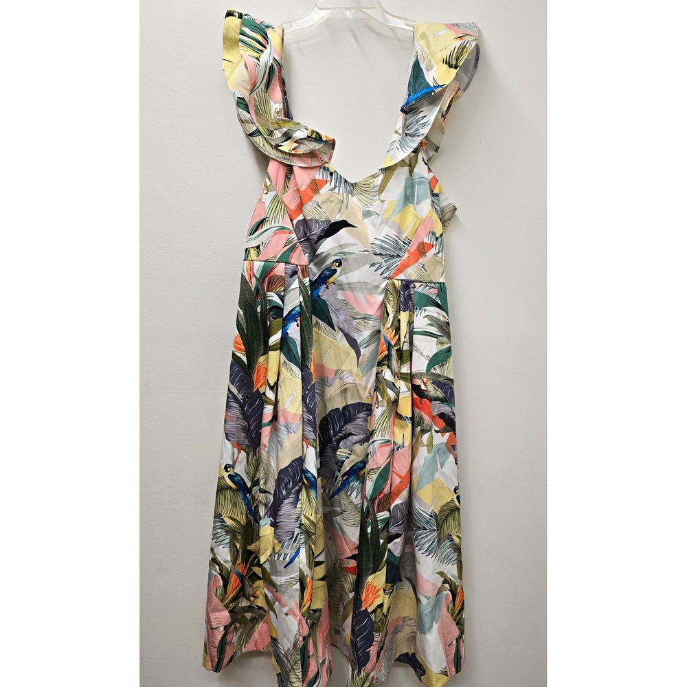 ASOS Womens Tropical Parrot Floral Ruffle Strappy V-Neck Lined Midi Dress 14